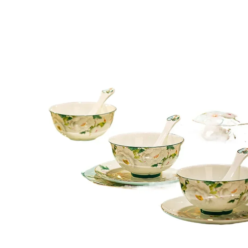 Enamel Color Chinese Bone China Tableware Set High End Jingdezhen Dishes for Wedding Housewarming Gift