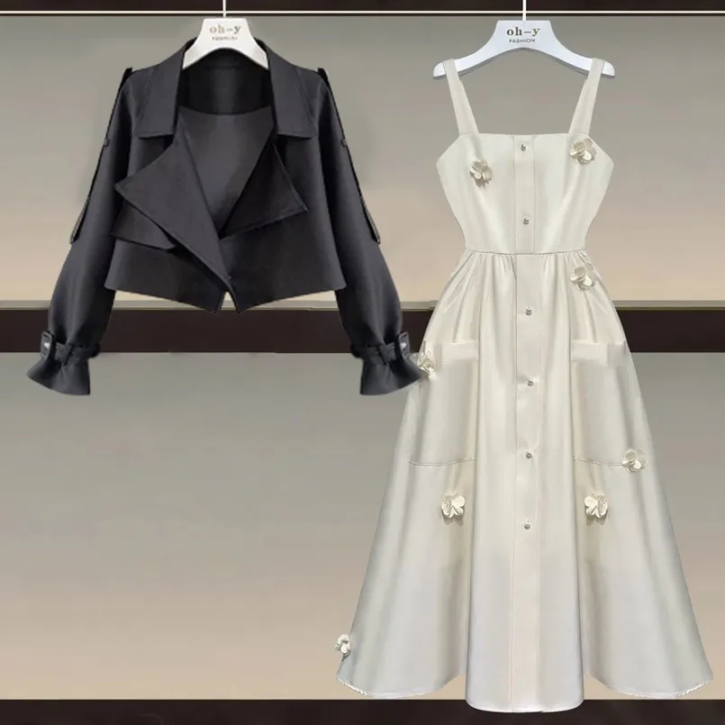 Oversized Women's Autumn Set 2023 New Korean Fashion Coat Fashion Slim Slim Slippery Dress Two Piece Set Fashion