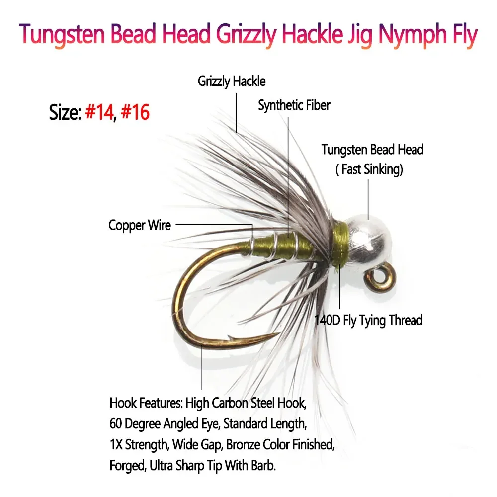 Bimoo 6pcs #14 #16 Tungsten Bead Head Grizzly Hackle Jig Nymph Fly Fast Sinking Barbed Wet Euro Nymph Fly Trout Fishing Lures