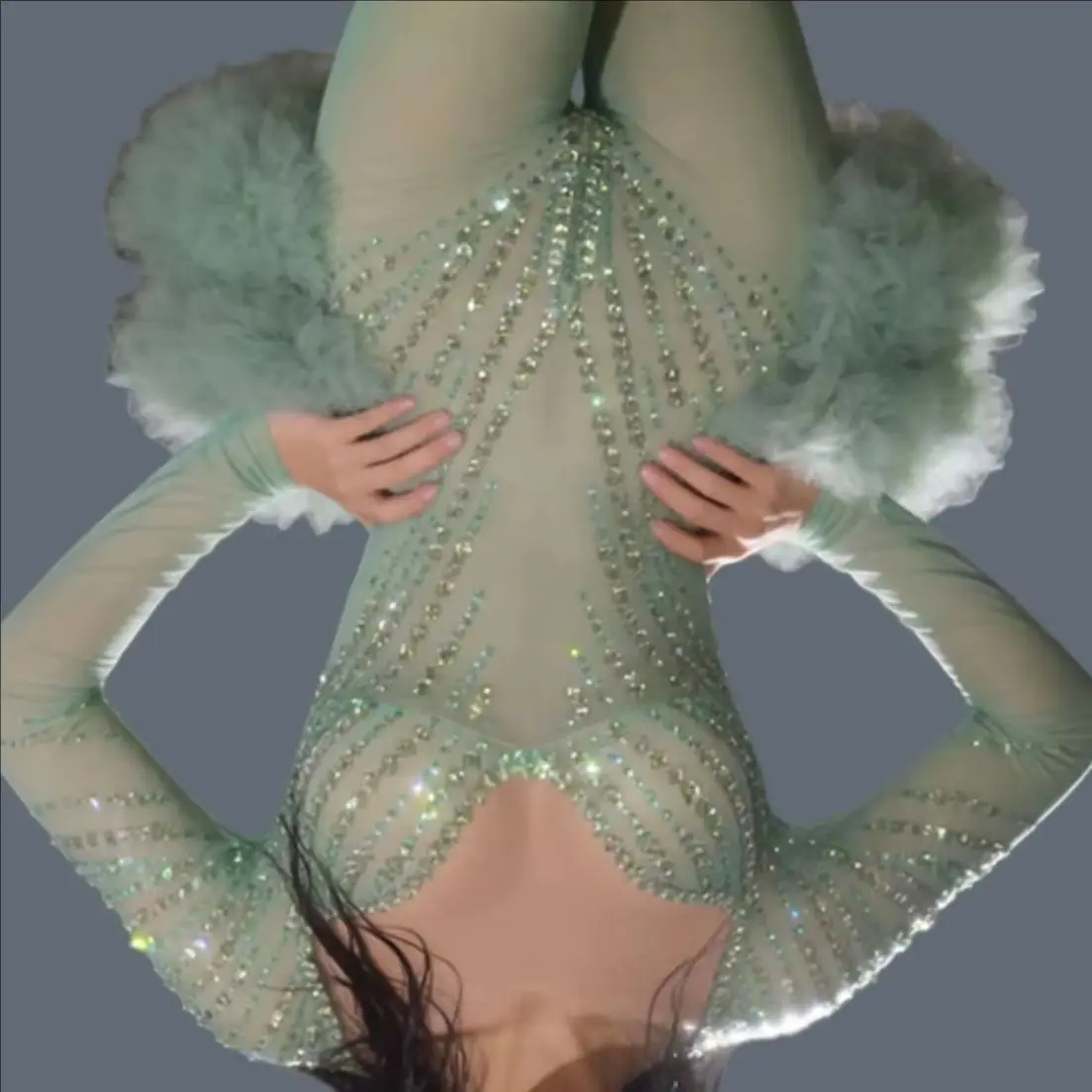 

Sexy Sparkly Green Rhinestone Tight Fitting Jumpsuit Bar Women See Through Mesh Tulle Puff Sleeve Show Party Club Outfit Zhusun
