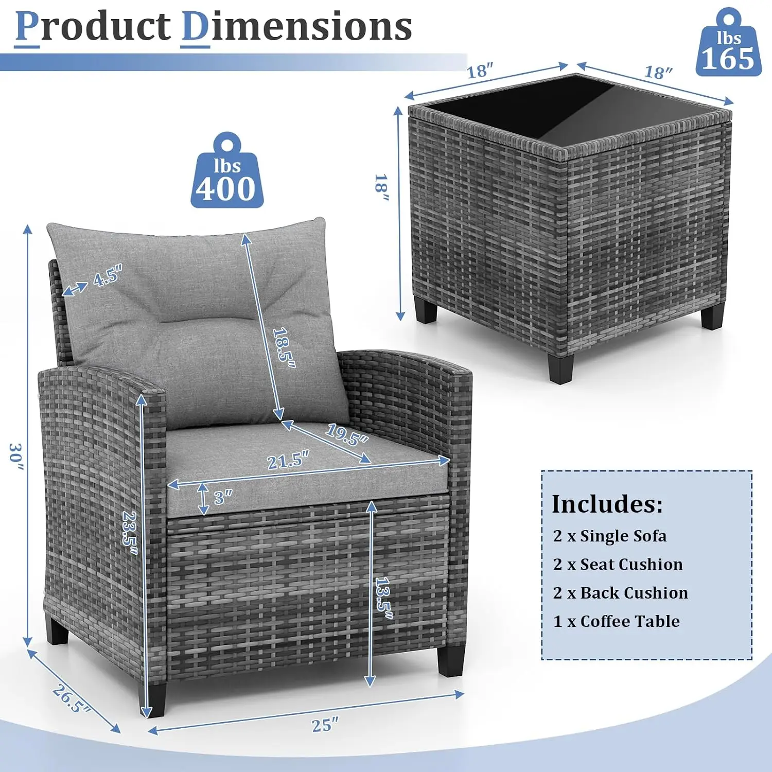 3 Piece Patio Furniture Set, Outdoor PE Rattan Conversation Set with Washable Cushions & Tempered Glass Tabletop,, Customized