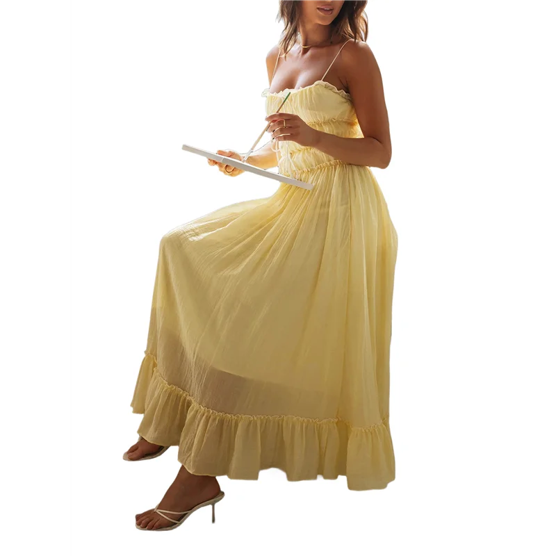 ASDS-สตรี 2025 ฤดูร้อนชุดลําลองสปาเก็ตตี้สายคล้องคอ RIC Rac Trim Smocked Ruffle Beach Long Maxi ชุด