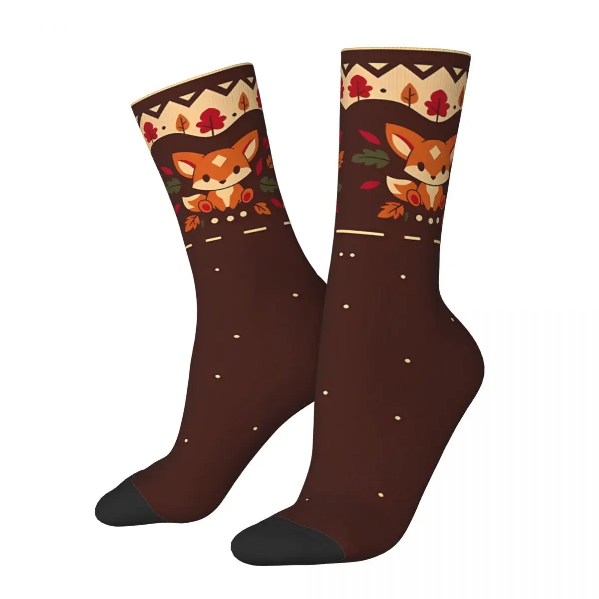 Leafy Autumn Funny Men's Socks Retro Fox Cartoon Animals Hip Hop Casual Crew Sock Gift Pattern Printed