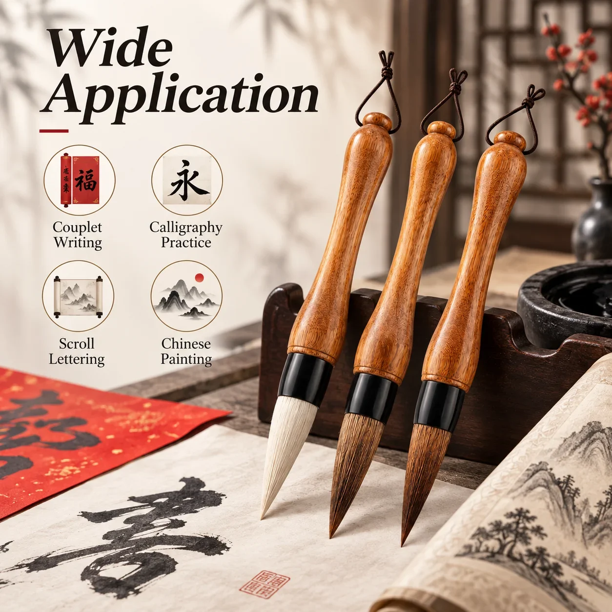 Calligraphy Brush with Brown Bamboo Handle, Large Dou Brush Wolf Hair, Mixed Hair and Goat Hair for Chinese Painting