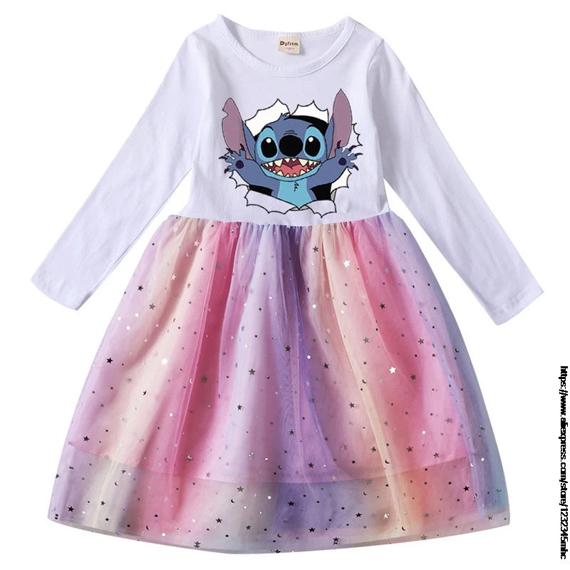 Spring Summer Children Girl Sweet Mesh Dress Toddler Kid Long sleeve Lilo And Stitch Dresses Baby Party Princess Outfit