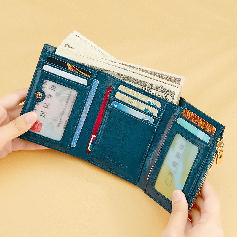 Vintage style genuine leather wallet, bright short style card holder, multifunctional and fashionable money bag