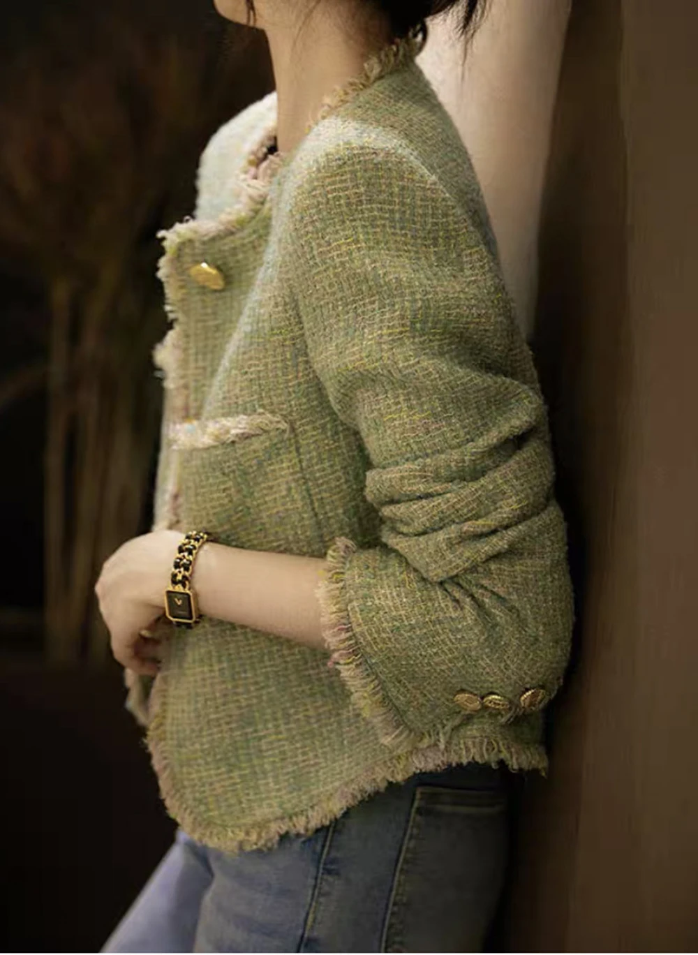 Spring Autumn Top Women Fashion O-Neck Collar Single-Breasted Tweed Jacket Elegant Sweet Plush Edge Design Light Green Coat