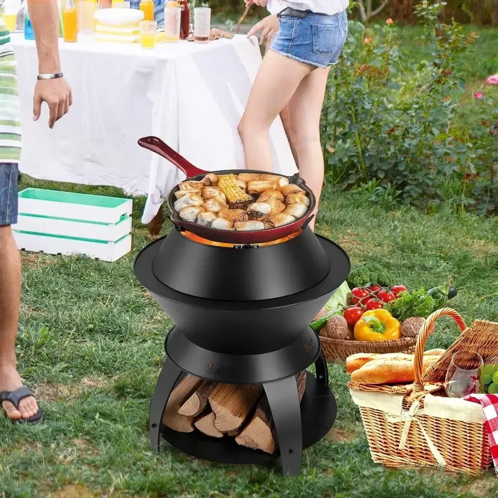 20 Portable Wood-Burning Fire Pit with Removable Wok, Ash Pan & Storage Shelf for Outdoor, Camping, Patio, and BBQ