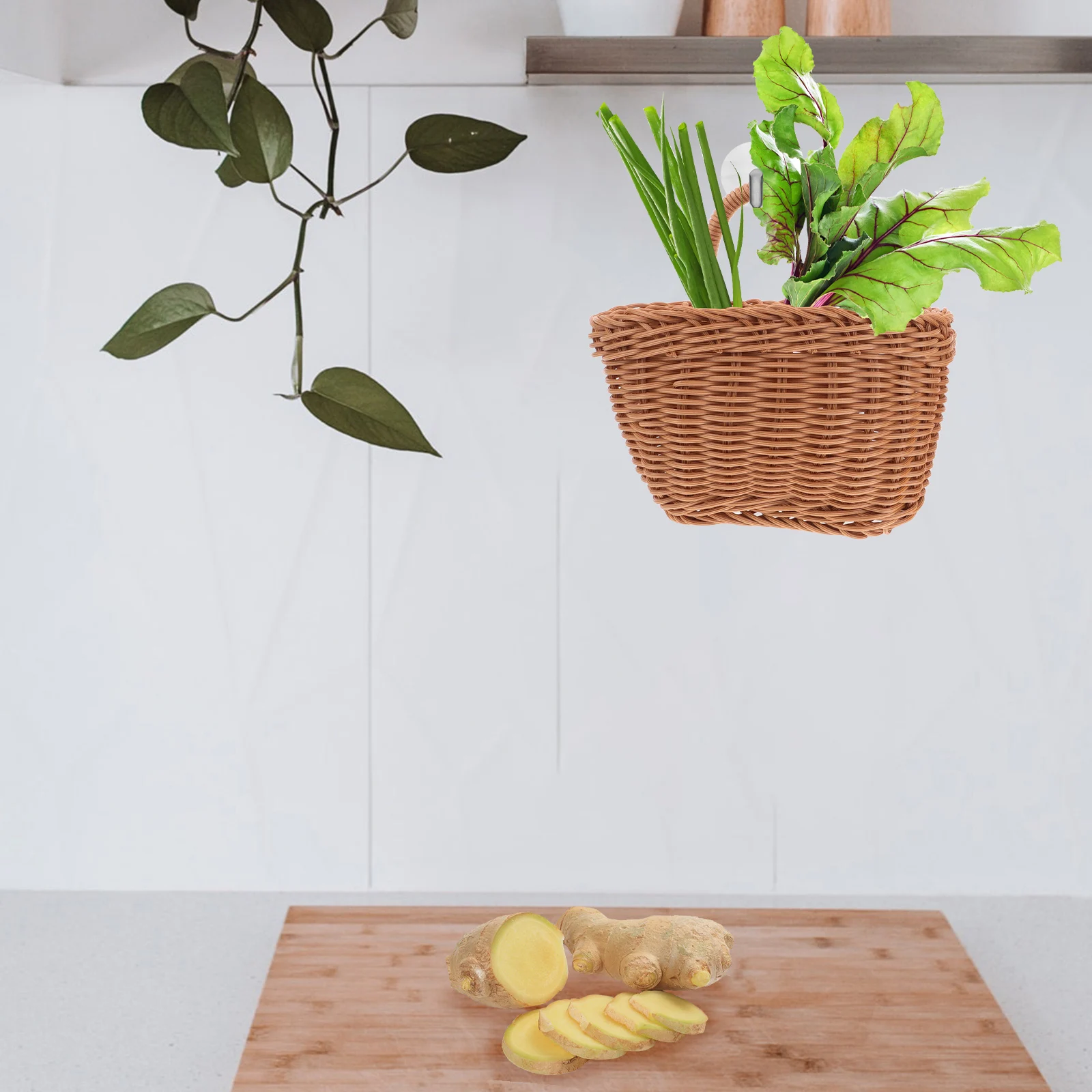

2 Pcs Kitchen Garlic Ginger Storage Basket Vintage Wall Mount Faux Rattan Breathable Design Small Hanging Baskets Woven Plastic