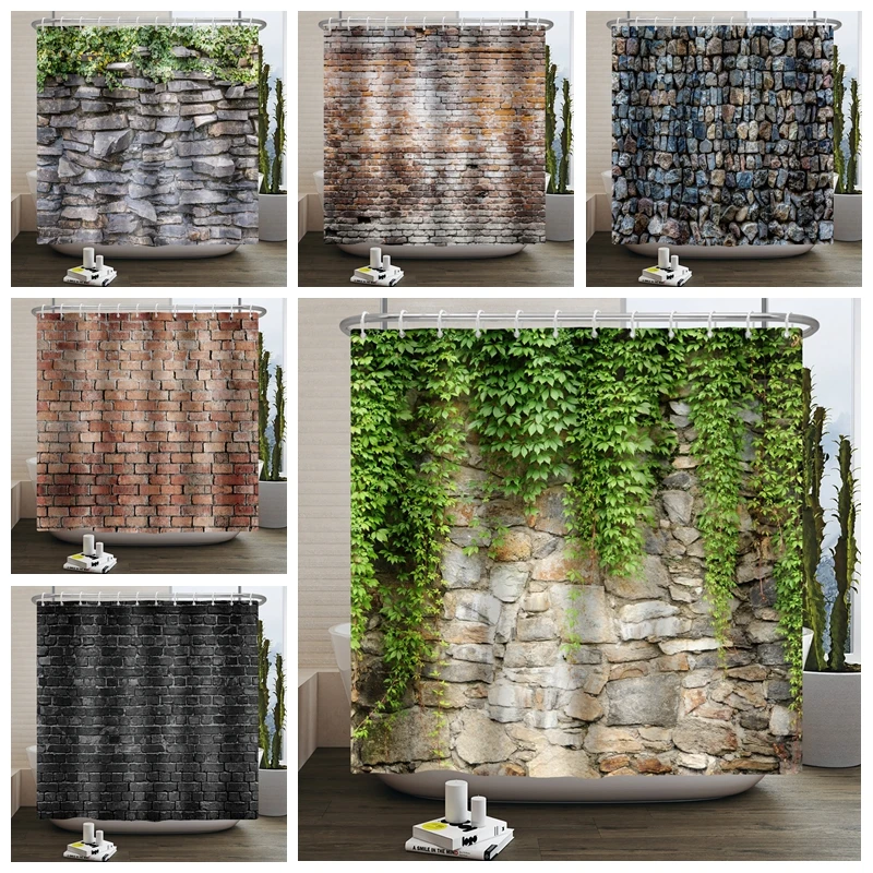 

Retro Brick Wall Shower Curtain Waterproof Fabric Bath Screens Old Seamless Stone Light Leaf Background Decor Bathroom Curtains