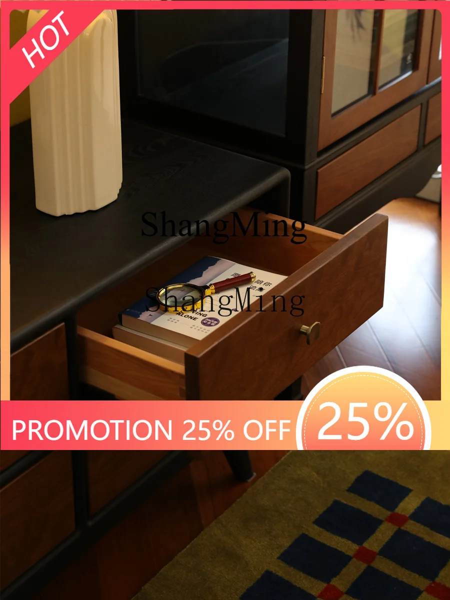 

FG Solid Wood TV Cabinet Retro Matte Black Small Apartment Living Room Republic of China Display Simple Storage Cabinet