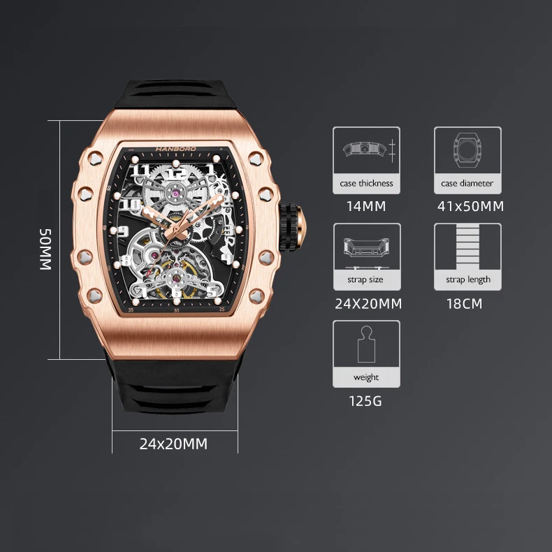 HANBORO Men Automatic Watch 50mm Luxury Mechanical Wristwatch Luminous Tonneau Case 50M Waterproof Silicone Strap Skeleton Dial