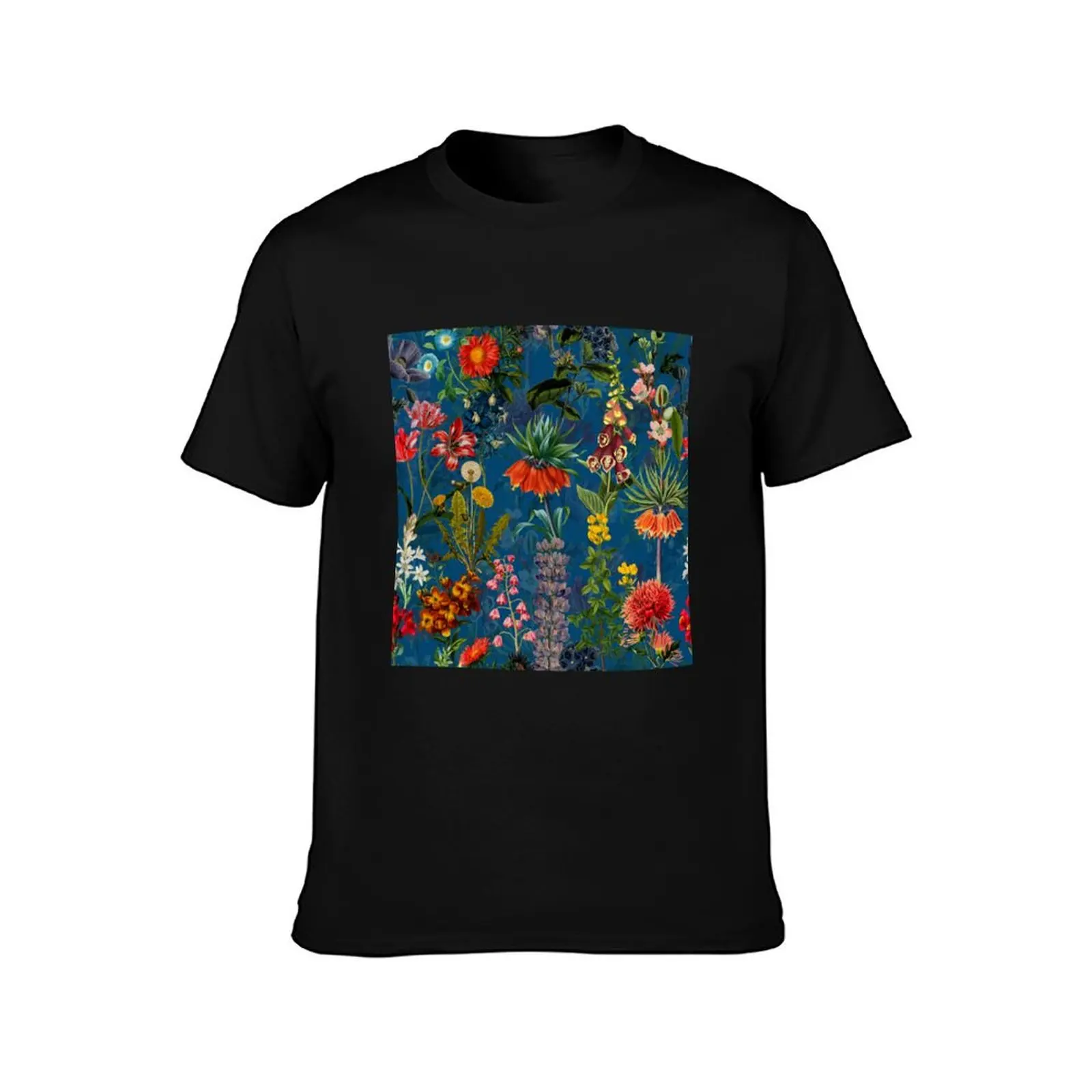Vintage Blue Springflower Meadow Botanical Night Garden T-Shirt UV Protection Outdoor Tee Shirt