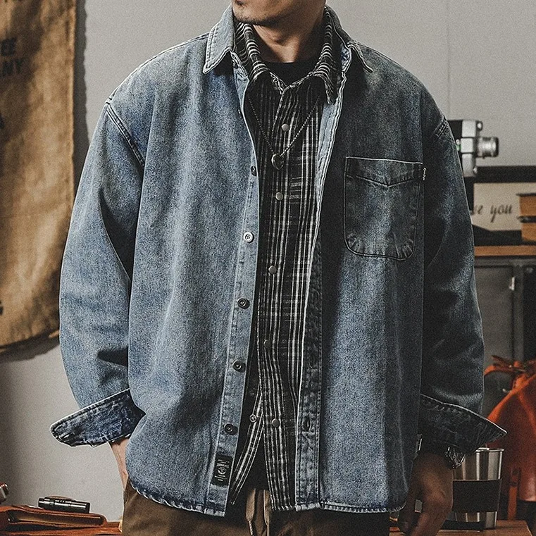

Ретро-куртка из денима в американском рабочем стиле для мужчин, с длинными рукавами, свободного кроя, весенне-осенняя, модная, брендовая, с эффектом потертости