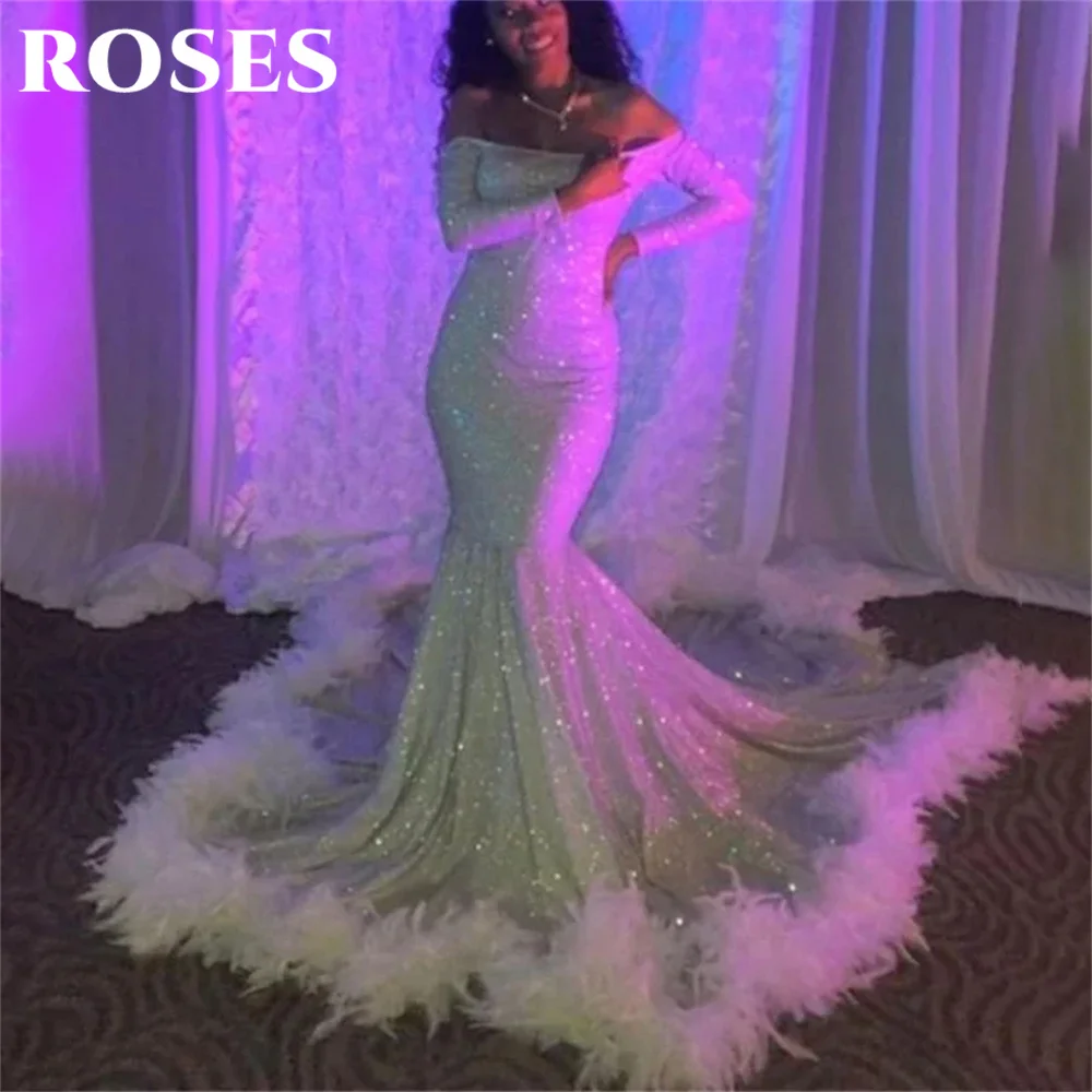 Rose Simple White Off The Shoulder abito da sera senza spalline abito da sera in raso a tromba con paillettes 프singles abito da ballo con piume