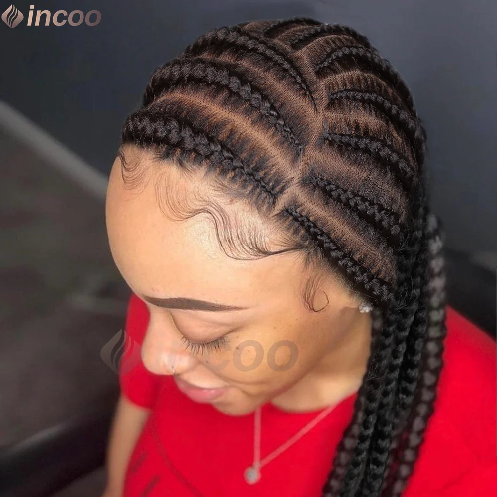 

36 Inch Fulani Box Braided Wigs Synthetic Side Part Full Lace Front Braids Wig for Black Women Knotless Box Braiding Hair