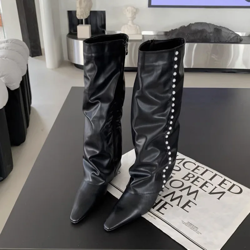 White Pants Tube Boots 2025 New Plus Size Pointed Toe Wedge High Tube Over-the-Knee Long Boots For Women