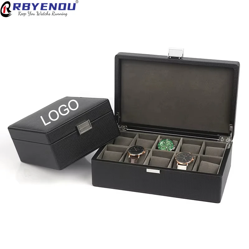 Watch Case Box High-end PU Leather Black Jewelry Storage Box 6/10 Slots Business Display Watches Organizer Box Customizable Logo