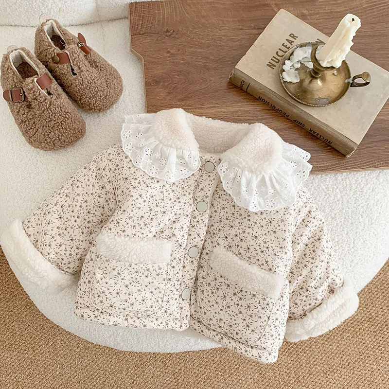 Winter Toddler Baby Girl Thicken Warm Jacket Floral Printing Newborn Baby Girls Plush Cardigan Coat Children Thick Plush Clothes