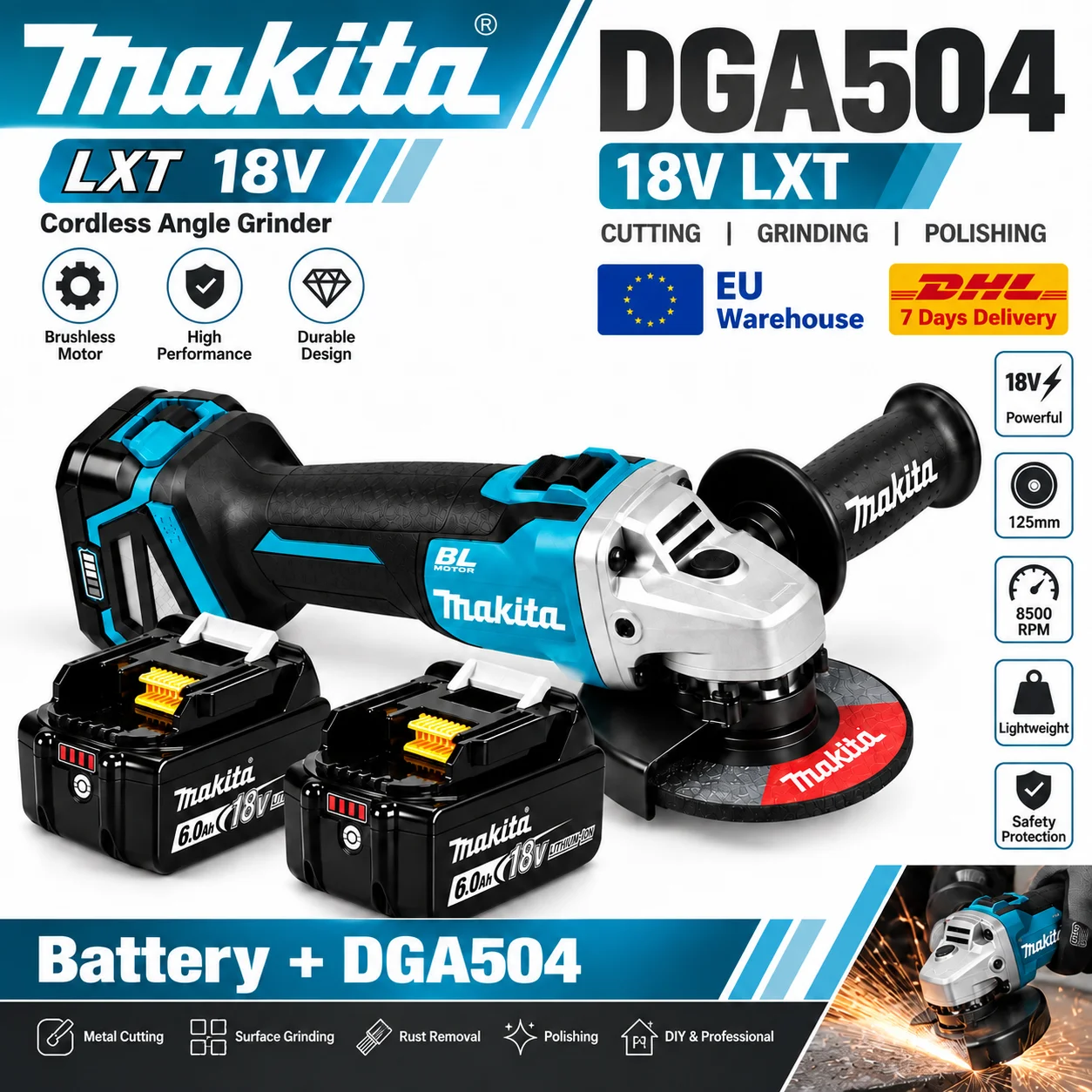 Für Makita DGA504 18V LXT Akku-Winkelschleifer Bürstenloses Elektrowerkzeug mit 6,0Ah Lithium-Akku 1/2/3 Stück Akku-Optionen zum Schneiden und Schleifen
