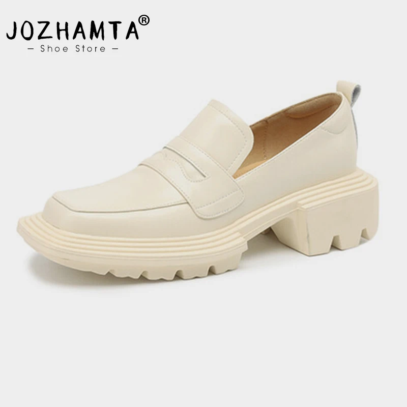 

JOZHAMTA Size 34-41 Women Casual Loafers Pumps Real Leather Platform Thick Heels Shoes 2024 Ins Spring Slip-On Office Dress Shoe