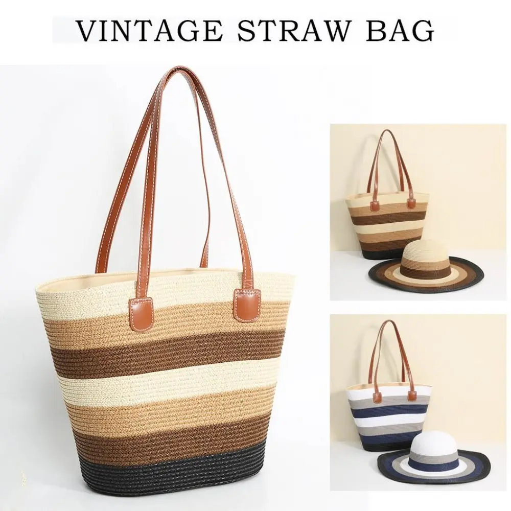 

Fashion Straw Tote Bag Stripe Square Woven Hat Large Capacity Zipper Handbags Vacation Beach Accessories