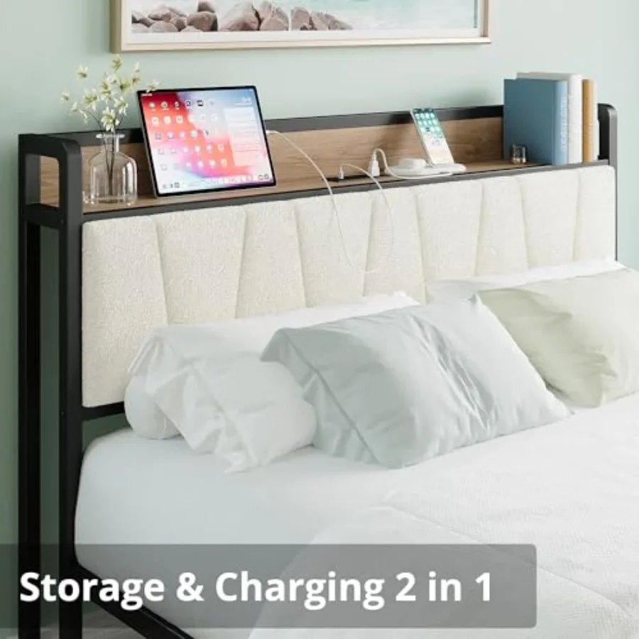 إطار سرير كوين مع لوح رأسي للتخزين المتكامل ومحطة شحن مدمجة لغرف النوم الحديثة وبناء خشبي متين #3