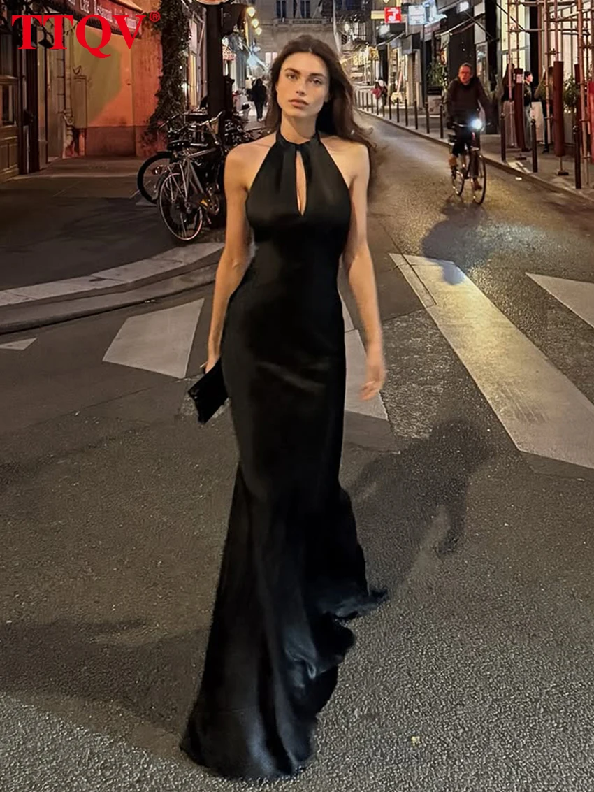 

TTQV Sexy Slim Black Satin Women's Dress 2026 Summer Halter Sleeveless Maxi Dresses Lady Elegant Classic Hollow Out Female Dress