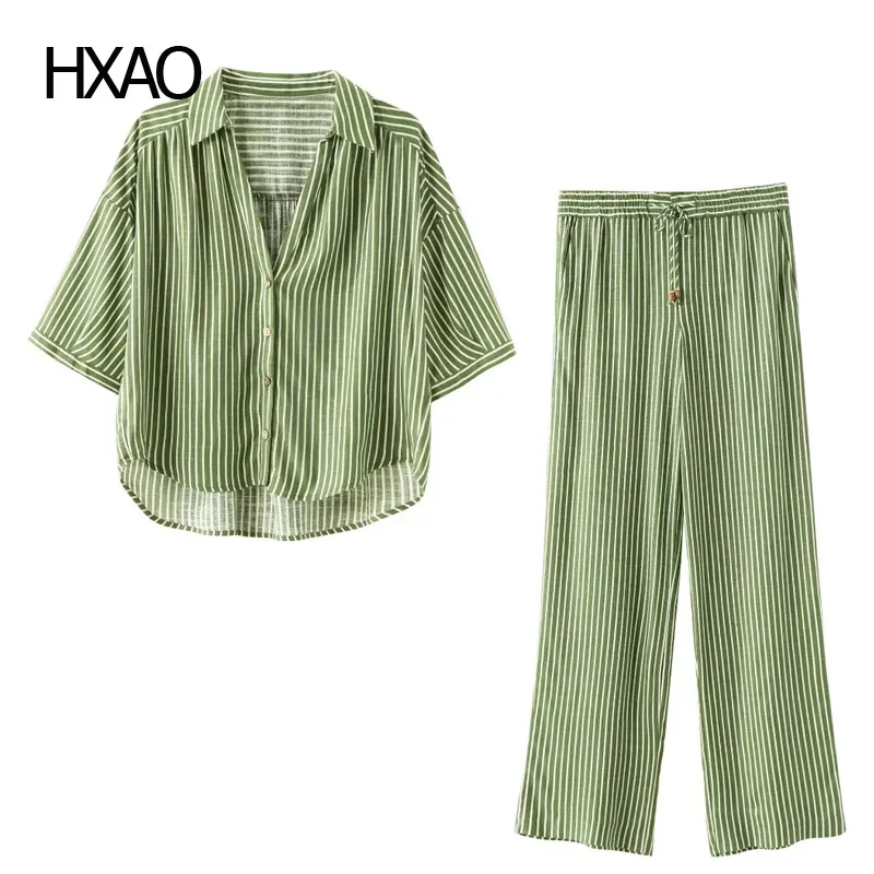 

HXAO Summer Women's Green Striped Suit Linen Blend Short Sleeve Shirt With Buttons And Lace-up Wide-legged Trousers For Females