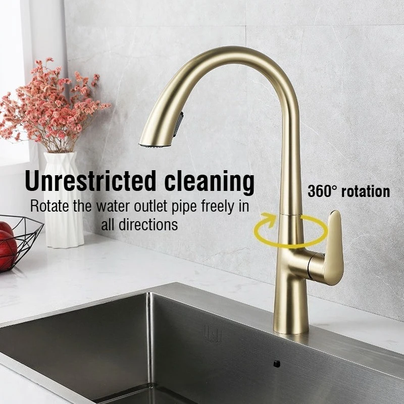 Full Copper Concealed Pull-Out Kitchen Faucet Universal Telescopic Hot Cold Water for Vegetable Washing Basin and Sink