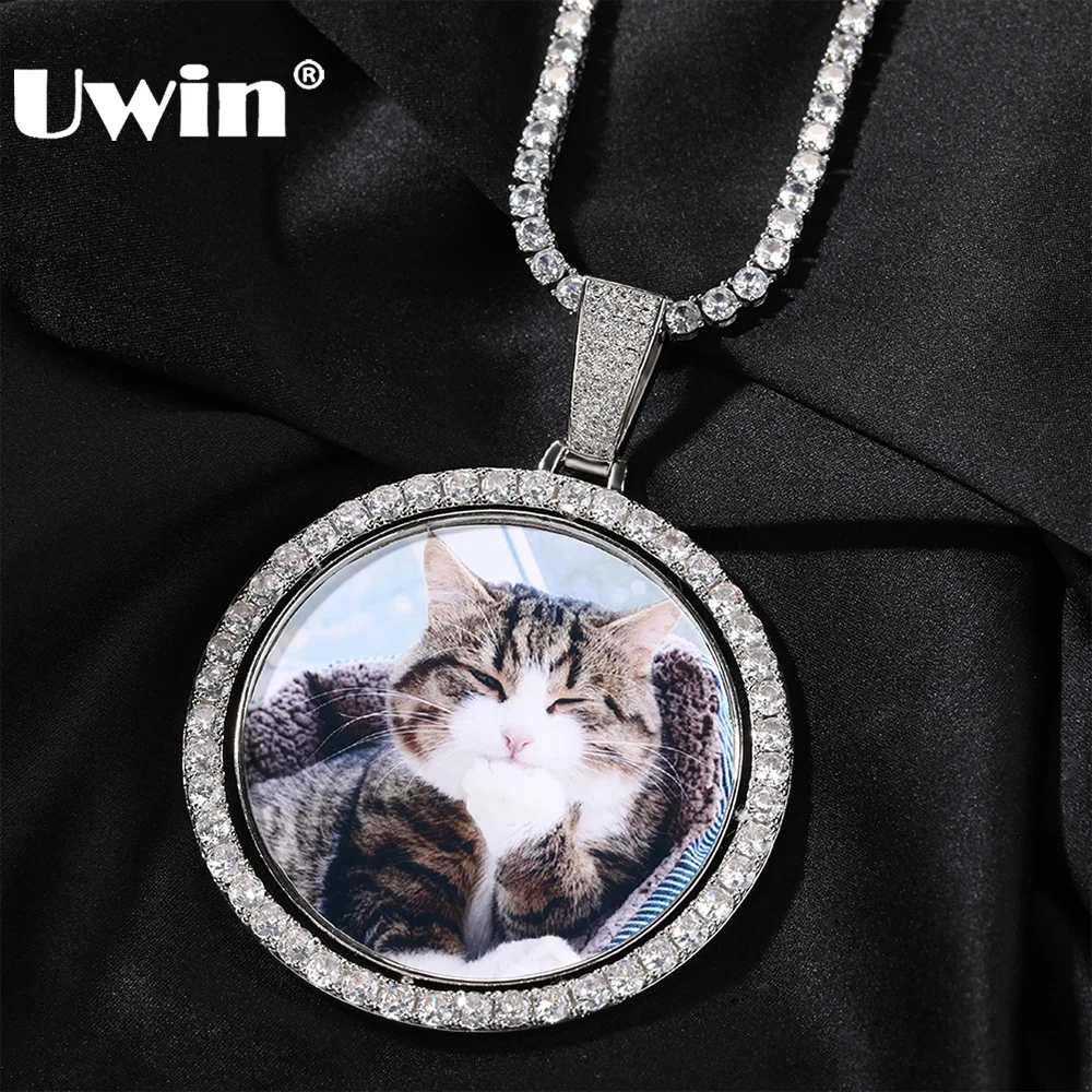 

UWIN Spinning Medallion Photo Pendant Necklace Customized Picture Charms Necklace Iced Out DIY Fashion Jewelry for Mothers' Day