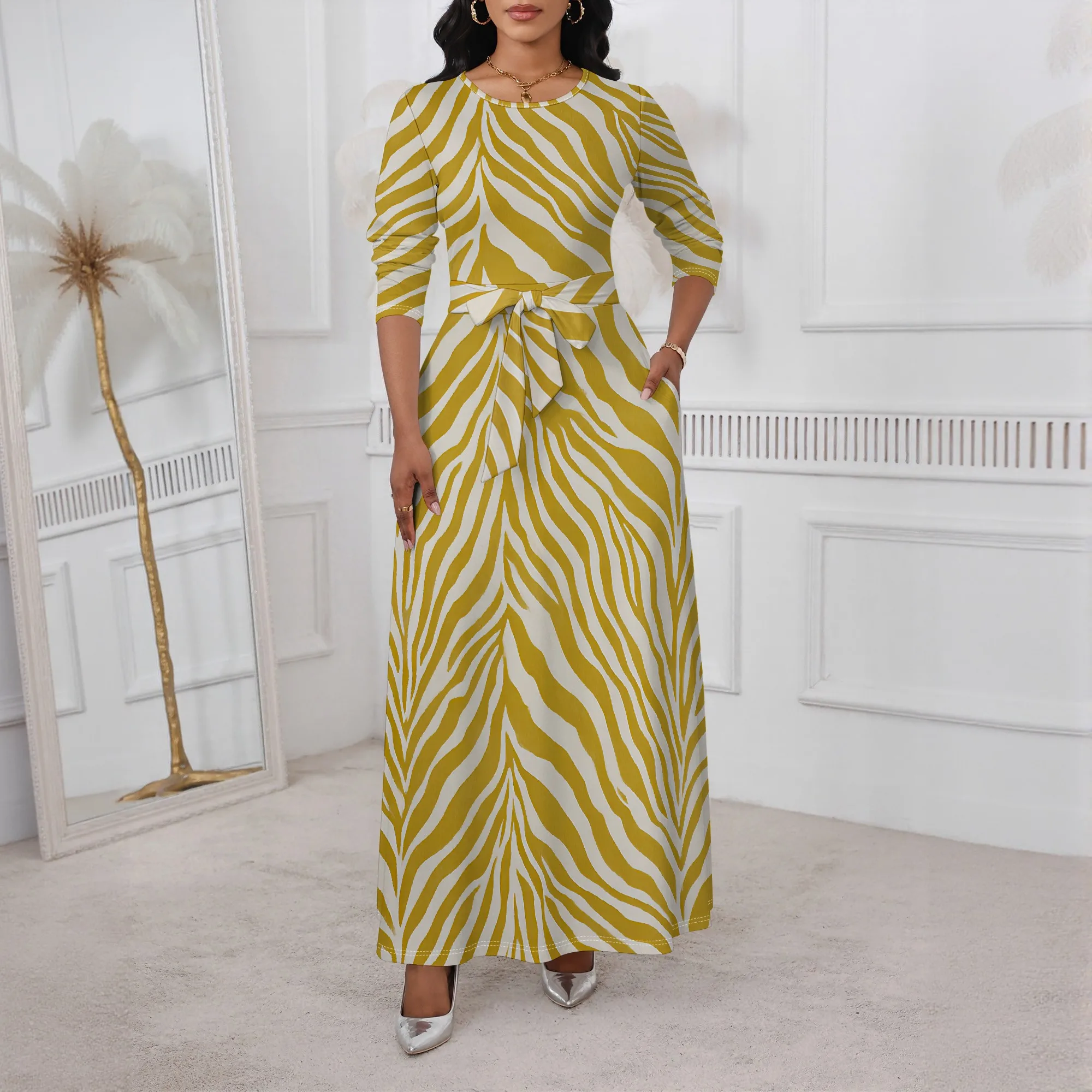 

Yellow White Zebra Print Maxi Dress XS-3XL Round Neck Long Sleeve Belted Style for Fall Brunch, Cultural Event or Resort Look
