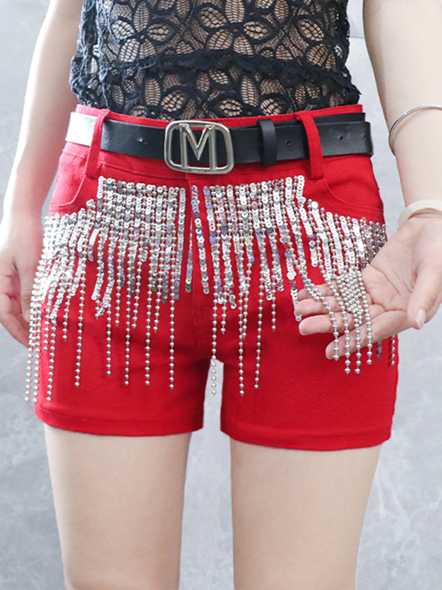 Korean Style Sequin Tassel Women's Shorts Casual Cotton Stretch Denim High Waist Slimming Trendy Hot Pants Outerwear