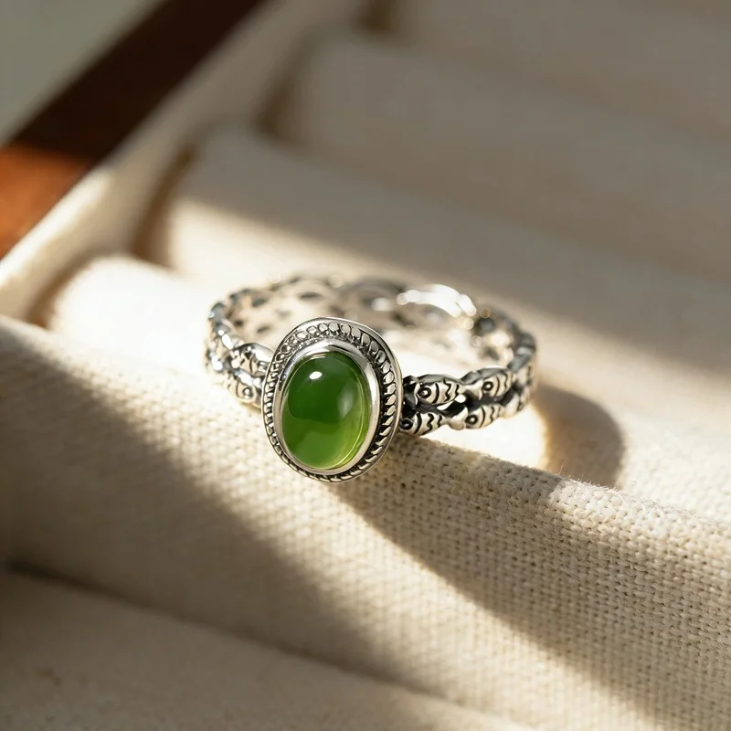 Women's 925 Sterling Silver Geometric Green Stone Ring, Handmade