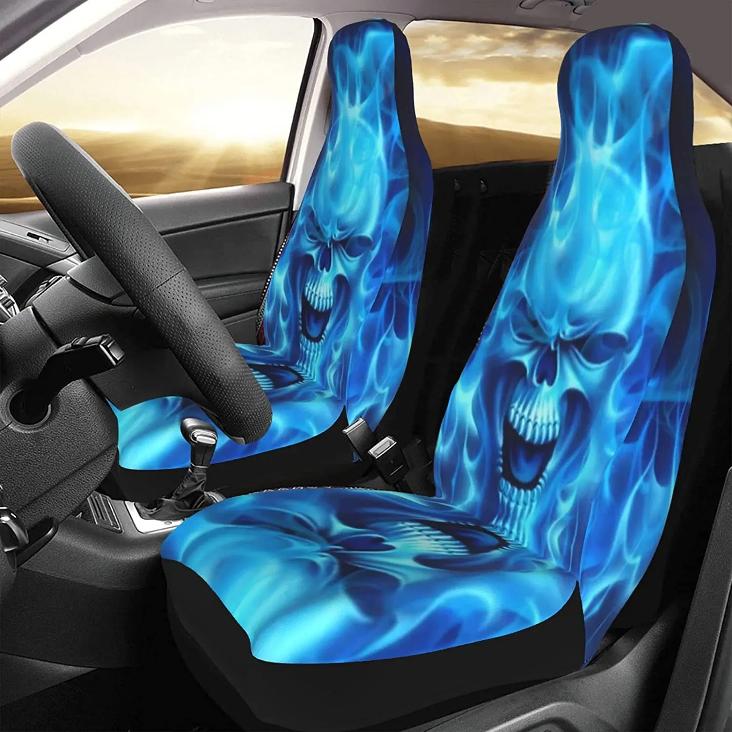 Skull Blue Fire Car Seat Covers 2 Pcs Set Vehicle Front Seat Protector Auto Interior Accessories Protetors Mat Covers Universal