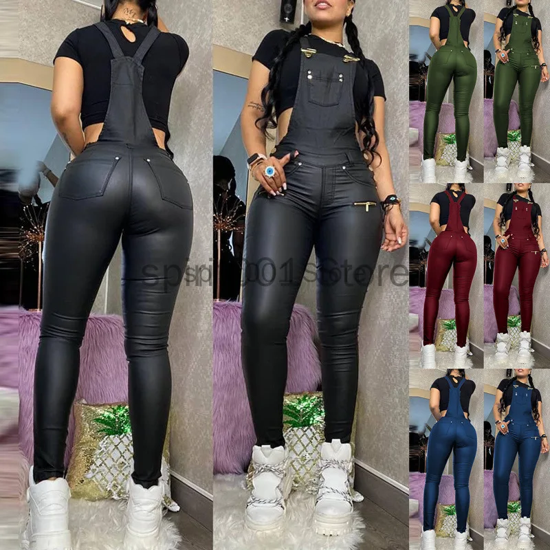 S-XL Women Buckled Zipper Suspender Jumpsuit Black PU Skinny Pencil Pants Red Faux Leather Slim Fit Overall Rompers