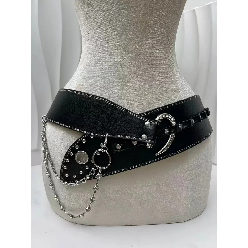 Hook Buckle Waist Belt Rivet Rhinestone Decor Chain Slimming Waistband For Women Party Club Dress
