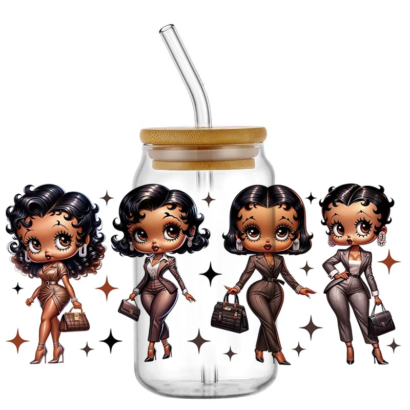 3D Modern Girl Design UV DTF Cup Wrap Sticker for 16oz Libbey Glasses Washable DIY Mug Fashion Girl Transfer Sticker