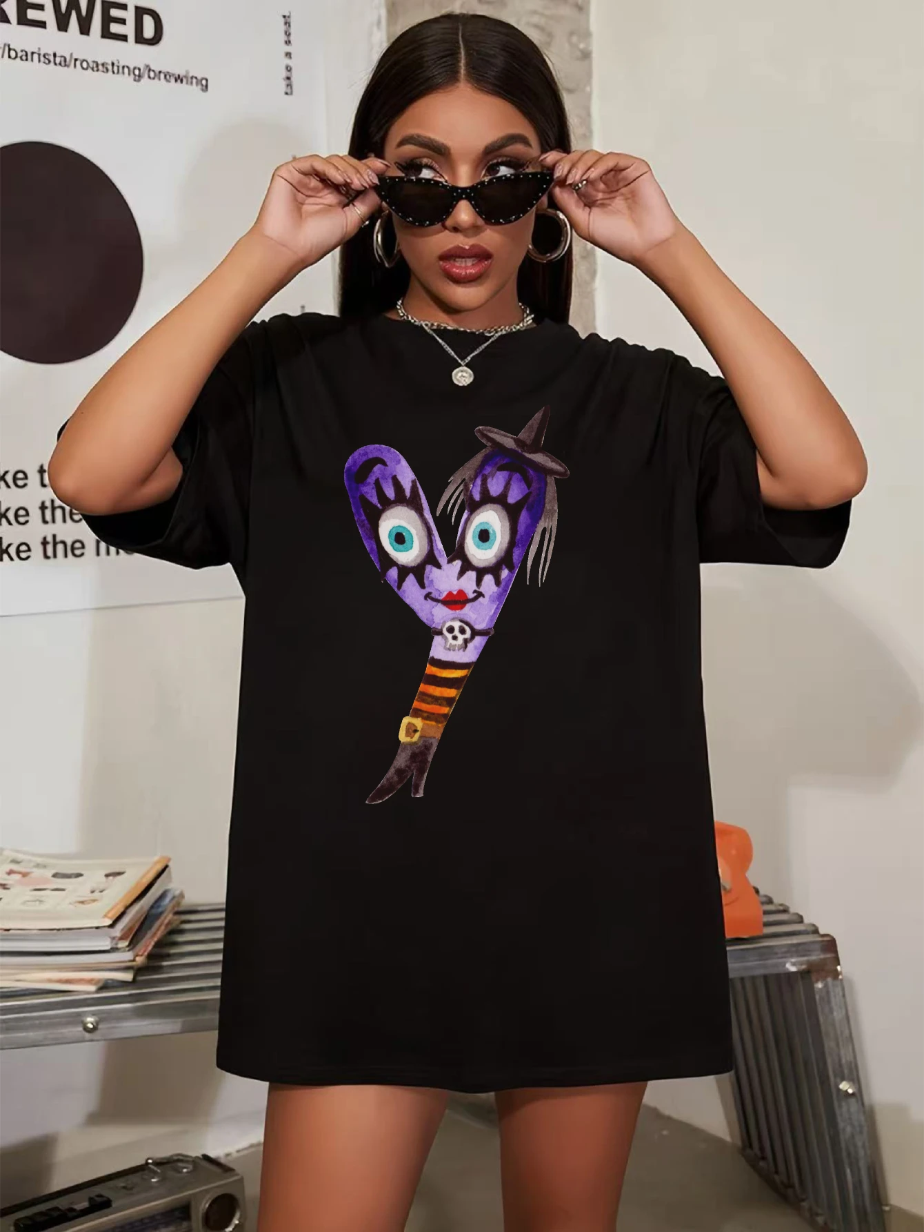 

Monster Y Plus Size Women’s Black Round Neck T-Shirt Comfortable Halloween Top Soft Autumn Fall Clothing Holiday Outfits