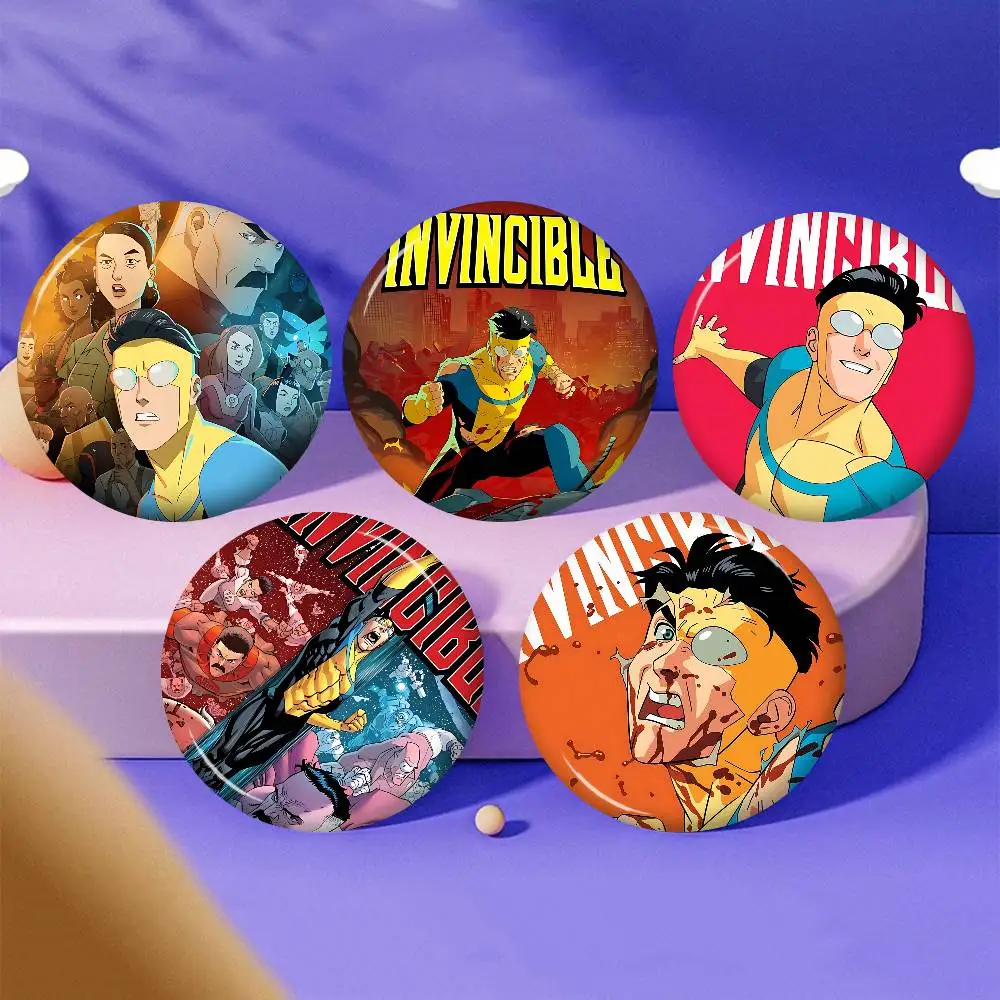 Popular Animation Superhero I-Invincible Cartoon Soft Button Pin Round Metal Badge Lapel Pin Parts Gift Friends Kid Jewelry