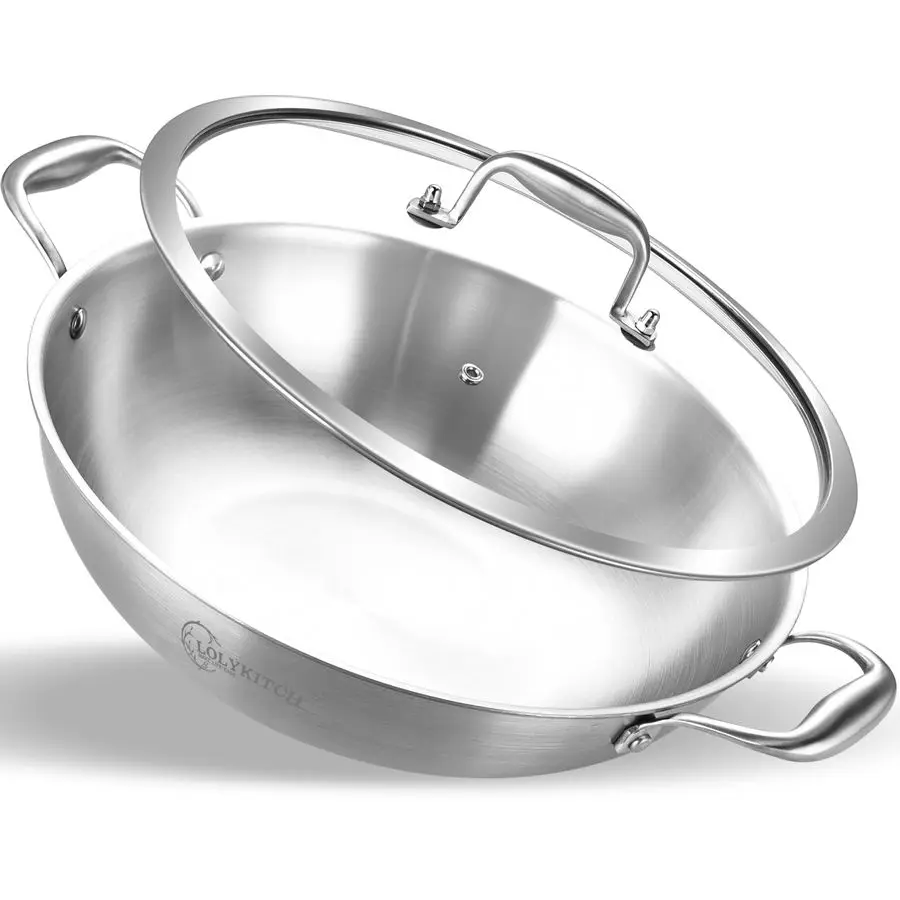 

13 Inch TriPly Stainless Steel Wok Pan with Lid,5.5 Qt Induction Cooking Pot,Dishwasher and Oven Safe