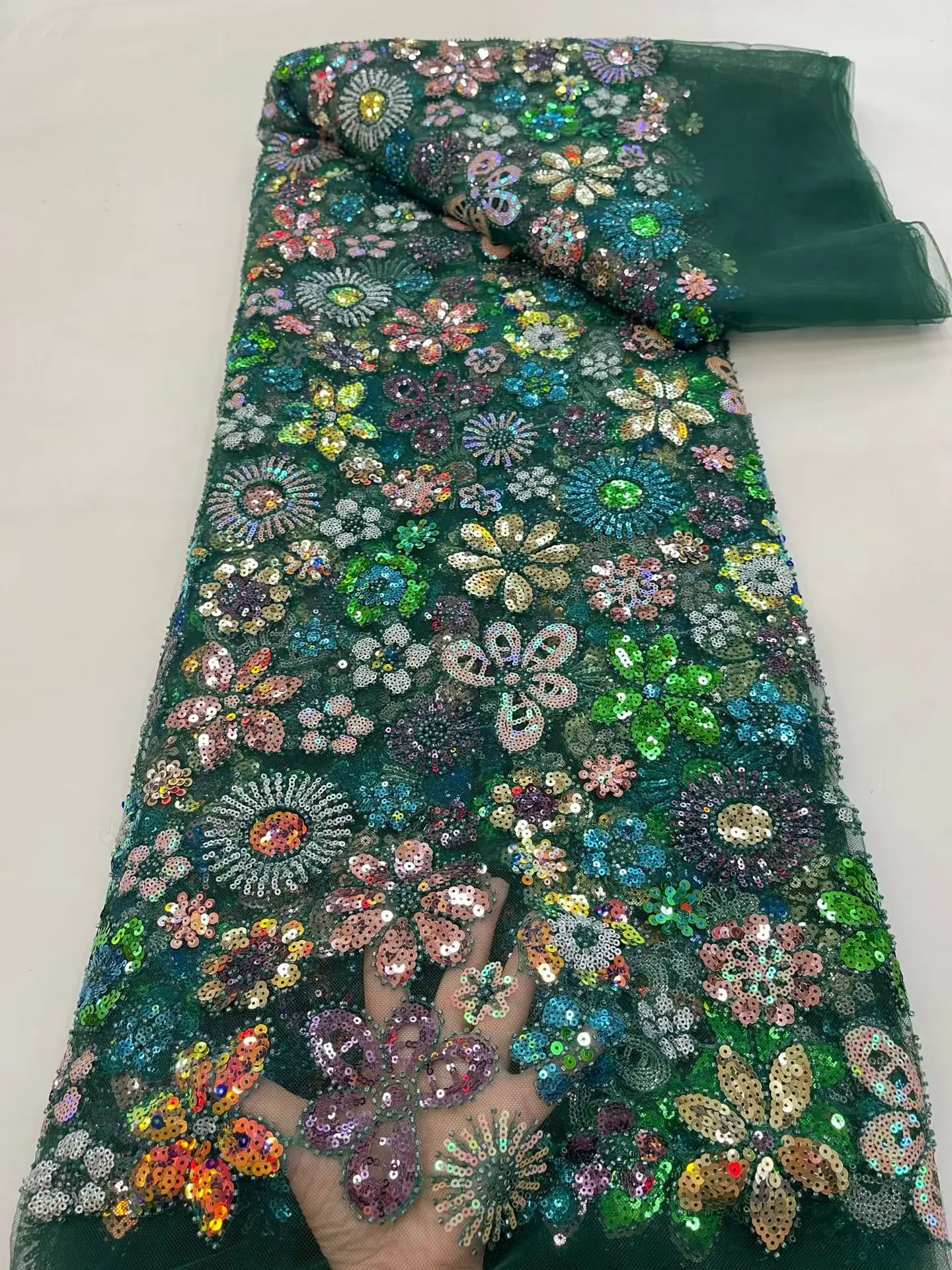 

Green Beaded Lace Fabric Luxury Nigerian Lace Fabric 2026 High Quality Lace Sequins Embroidery Beaded Lace Fabric For Wedding