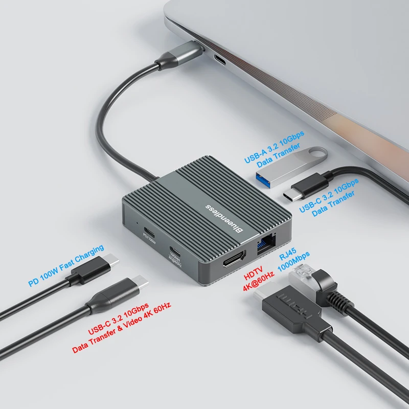 USB Type C Adapter Hub USB3.2 10Gbps MST Dual 4K 60Hz Video Output USB-C 3.2 Hub 6 In 1 USB C Hub for HD TV Laptop