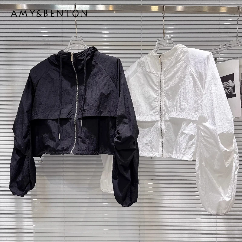 

Повседневная модная женская куртка с капюшоном на шнурке, весна 2026, новая свободная универсальная солнцезащитная короткая куртка для женщин