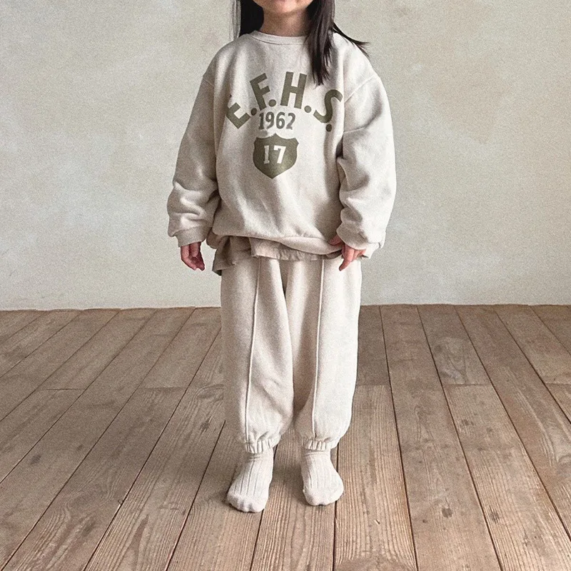 2024 Winter New Children Letter Print Fleece Sweatshirt + Sweat Pants 2pcs Suit Boys Girls Thick Warm Sports Set Kids Outfits