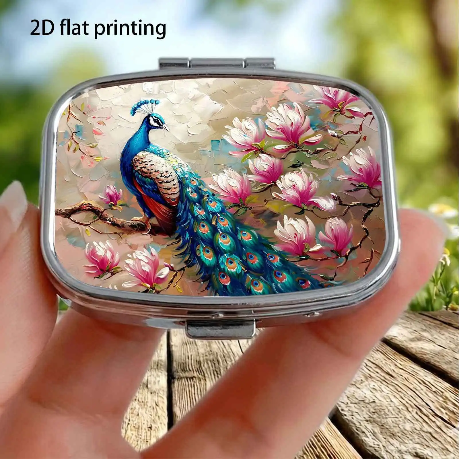 Single-piece, flat, square double-compartment storage box, decorated with pink and white magnolia flower and blue-tailed peacock patterns, portable travel case, soft and delicate texture, suitable for personal use or as an exquisite gift