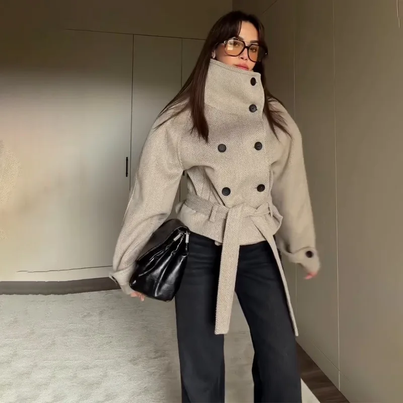 

Новая женская модная элегантная однотонная куртка с длинным рукавом, V-образным вырезом и завязками на талии, весна 2026