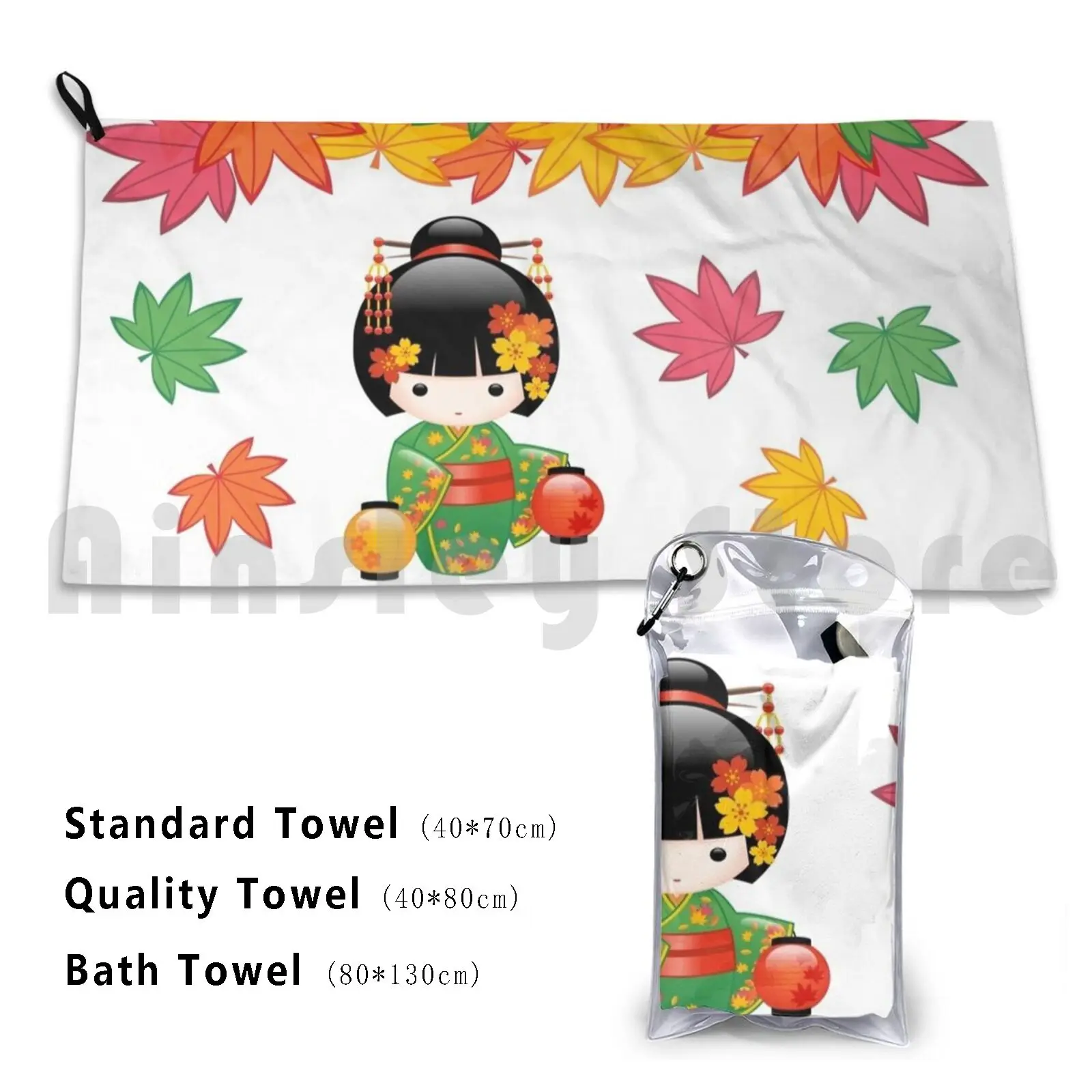 Japanese Fall Kokeshi Doll Beach Towel Quick Dry Quality Towel Fall Kokeshi Doll Cute Girly Vector Geisha Autumn Kimono