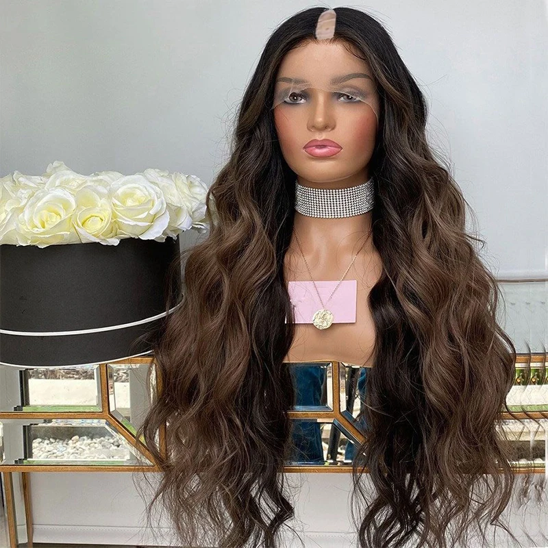 Hightlight Ombre coklat gelombang longgar 30 inci V bagian wig rambut manusia pra lem tanpa lem bagian U wig rambut Eropa untuk WANITA HITAM