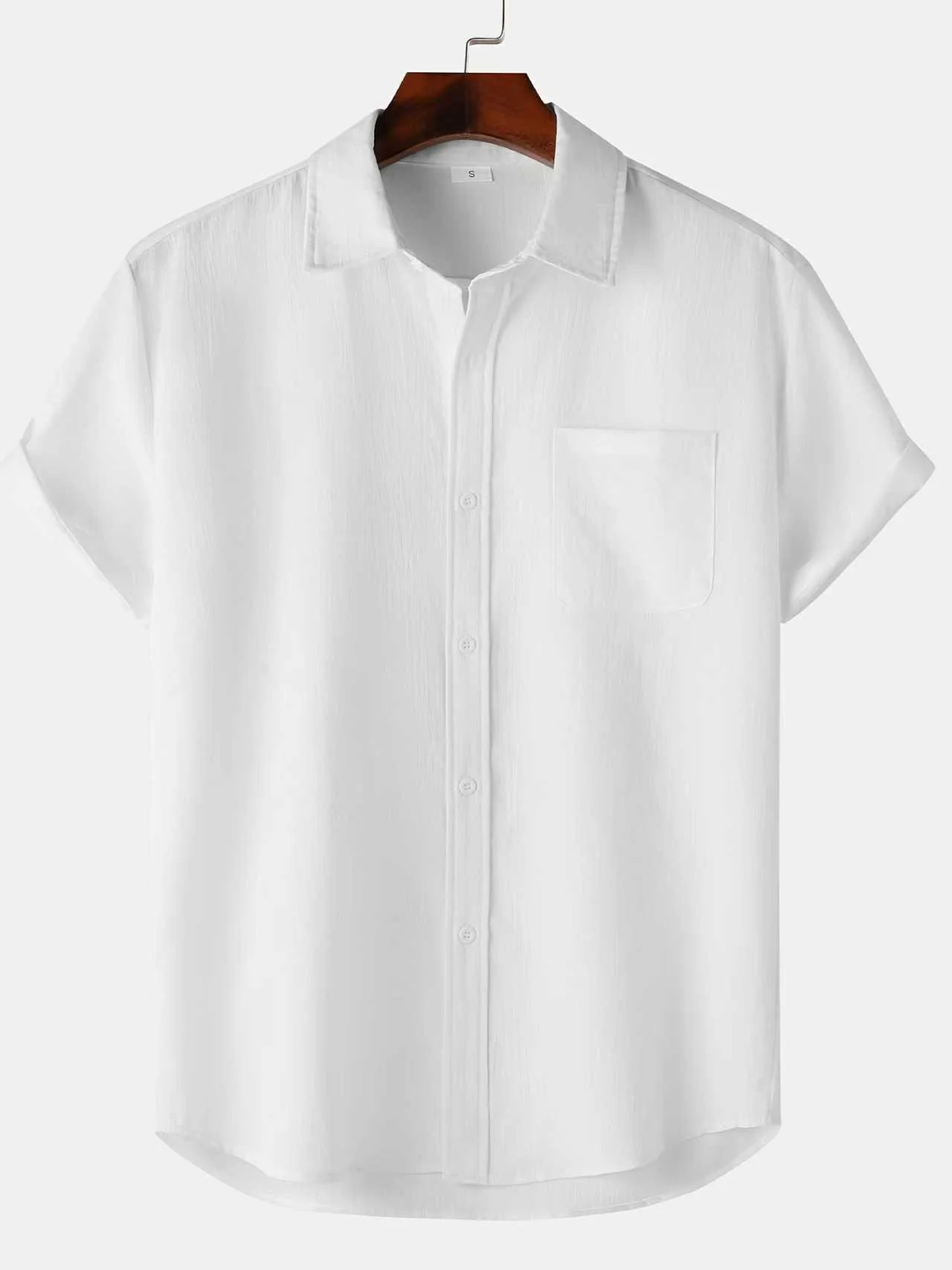 

Men Solid White Textured Short Sleeve Button Down Shirts Lapel Chest Pocket Casual Loose Fit Summer Beach Shirt